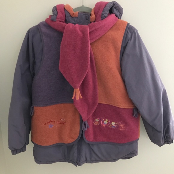 Deux par Deux 3 piece snowsuit with jacket,vest w/attached scarf,overall/pants - Picture 2 of 8